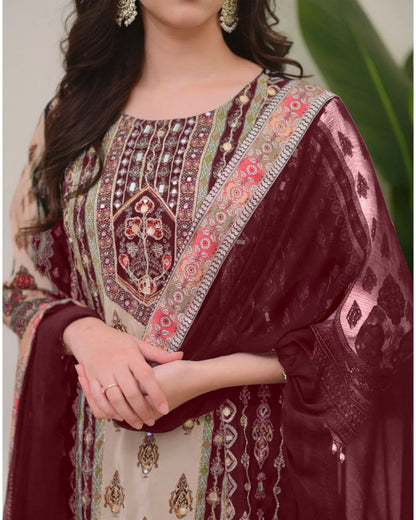 Designer Wine & Beige Shimmer Suit Set with Fancy Mirror Work