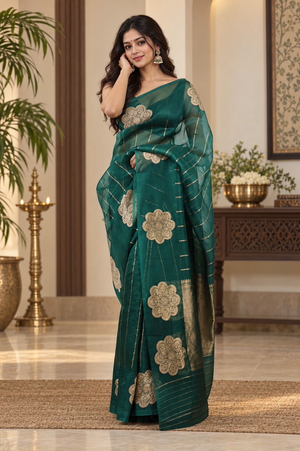 Festive Green Linen Silk Saree With Gold Zari & Demanding Blouse Piece