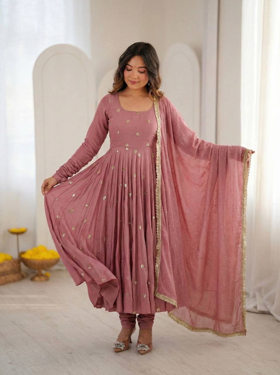 Premium Roman Silk Embroidered Anarkali Suit Set