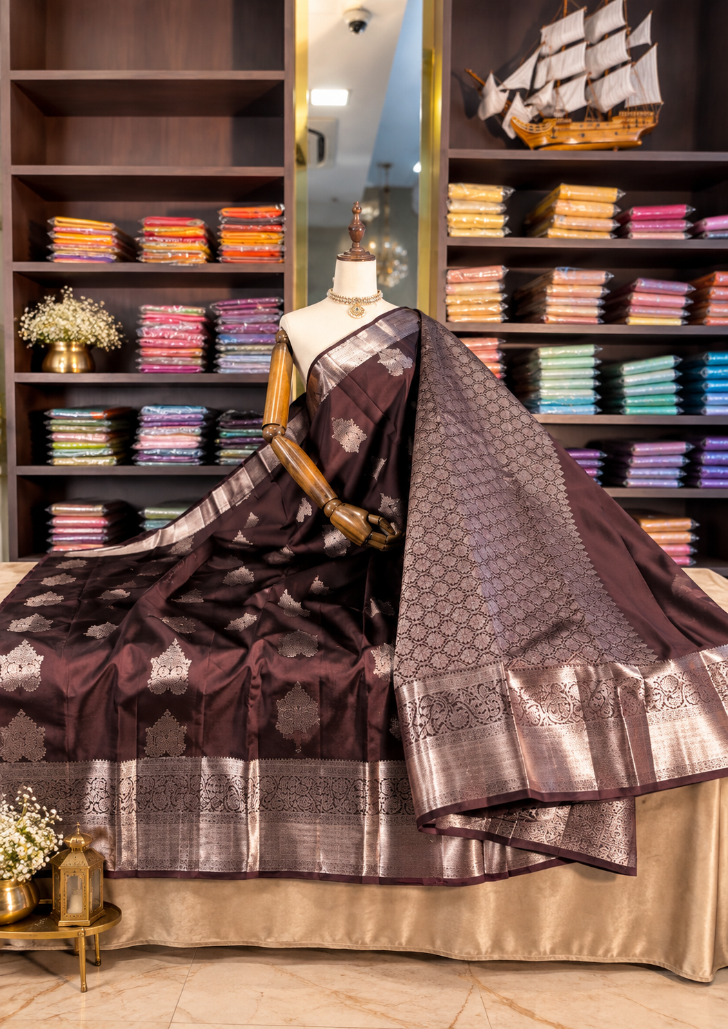 Very Beautiful Brown Soft Banarasi Silk Saree with Elegant Blouse Piece