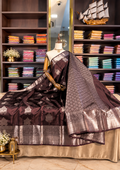 Very Beautiful Brown Soft Banarasi Silk Saree with Elegant Blouse Piece
