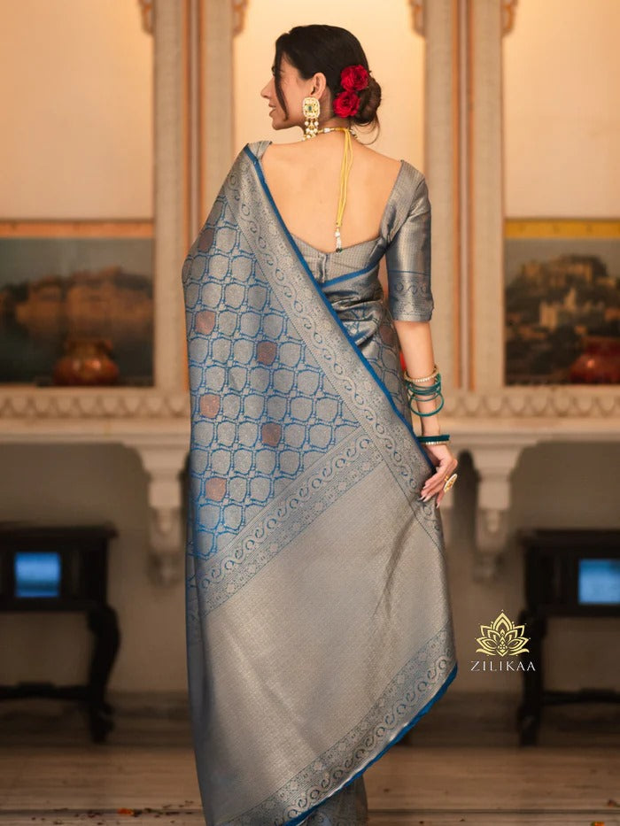 Trendy Blue Soft Silk Saree With Admirable Blouse Piece