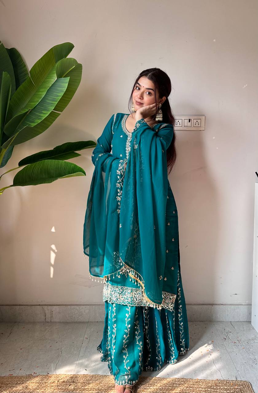 Festive Teal Green Fox Georgette Designer Suit Set with Embroidered Dupatta