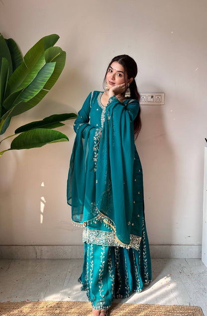 Festive Teal Green Fox Georgette Designer Suit Set with Embroidered Dupatta