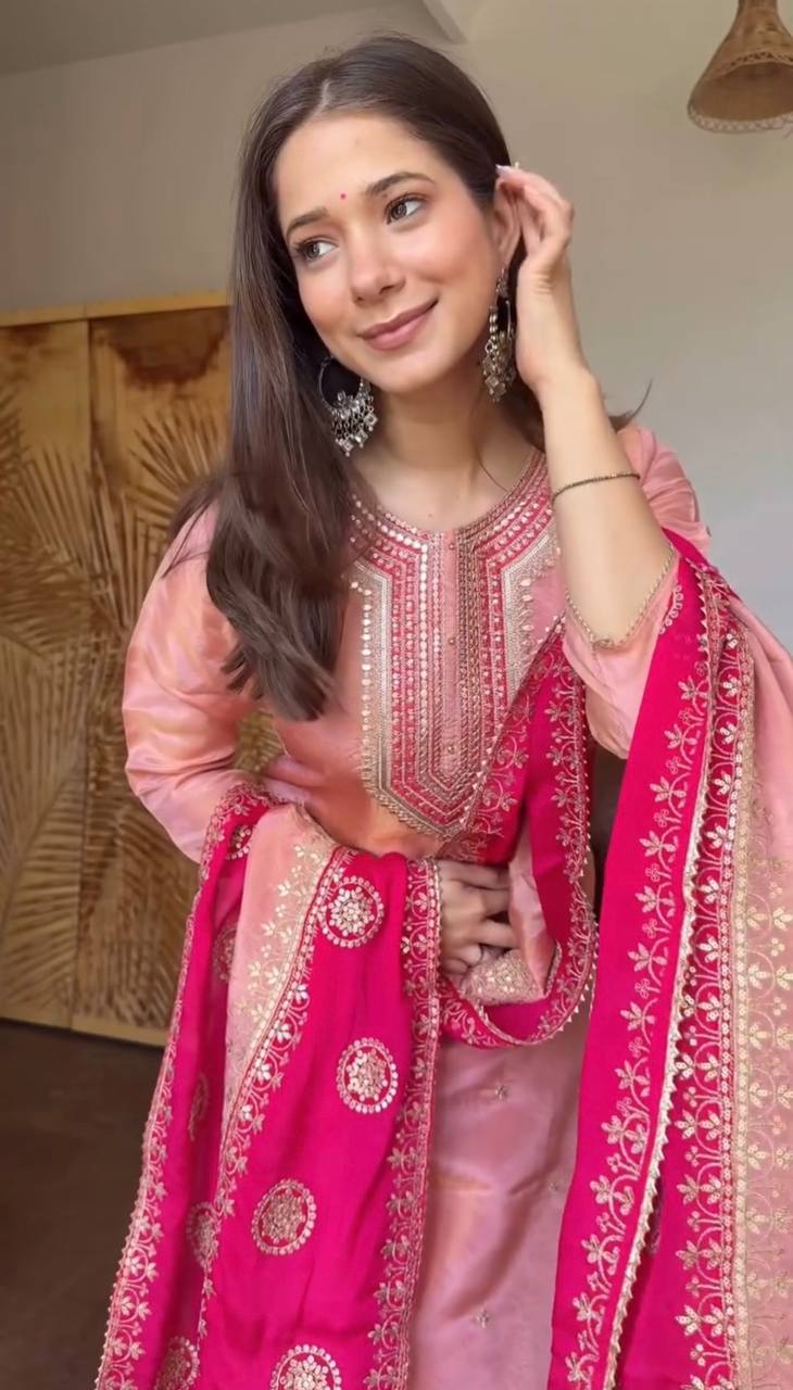 Very Gorgeous Fendy Silk Embroidery Sequence Suit Set