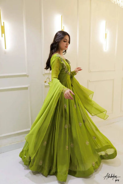Attractive Parrot Green Georgette Embroidery Anarkali Gown with Dupatta