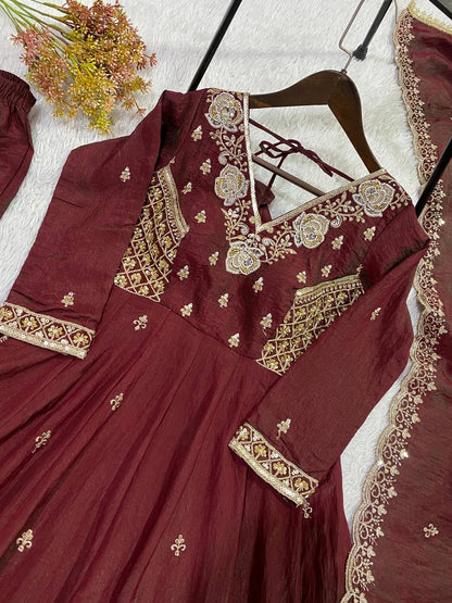 New Designer Vichitra Silk Embroidered Anarkali Suit Set