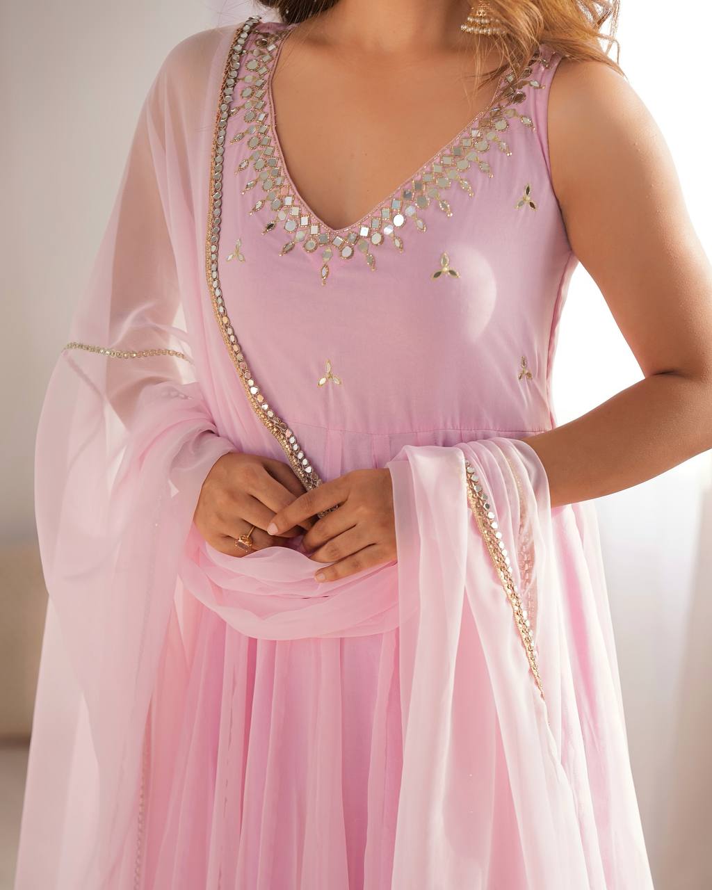 Blush Pink Faux Georgette Embroidered Anarkali Suit Set with Mirror Work Neckline