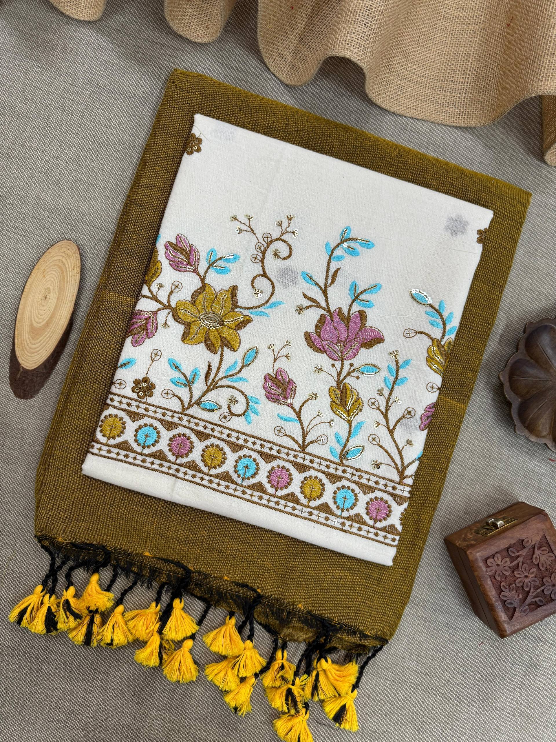 MUSTERED HANDLOOM COTTON SAREE WITH EMBROIDERY WORK BLOUSE