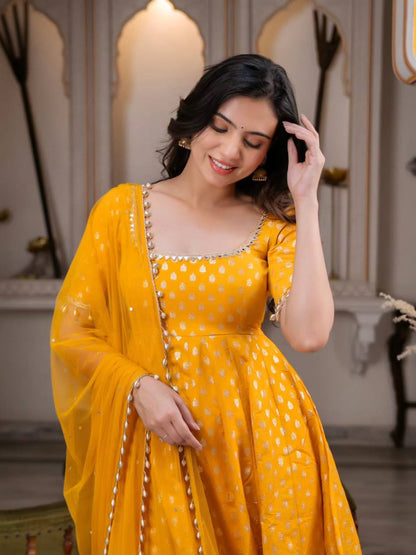 Elegant Mustard Yellow Chanderi Jacquard Anarkali Suit Set with Mirror Work