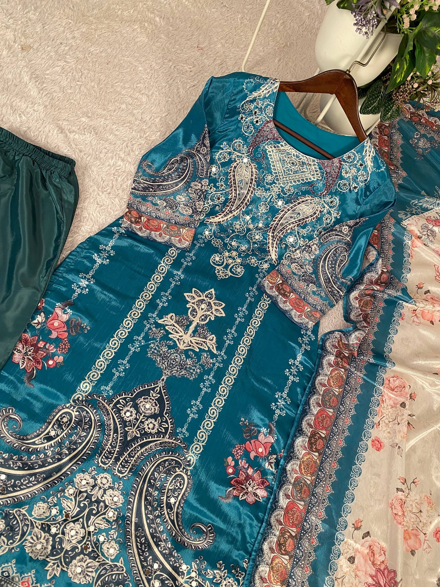 Elegant Teal Blue Chinon Printed Suit Set with Real Mirror Work