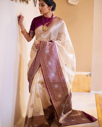 Beautiful Beige Soft Banarasi Silk Saree With Adorable Blouse Piece
