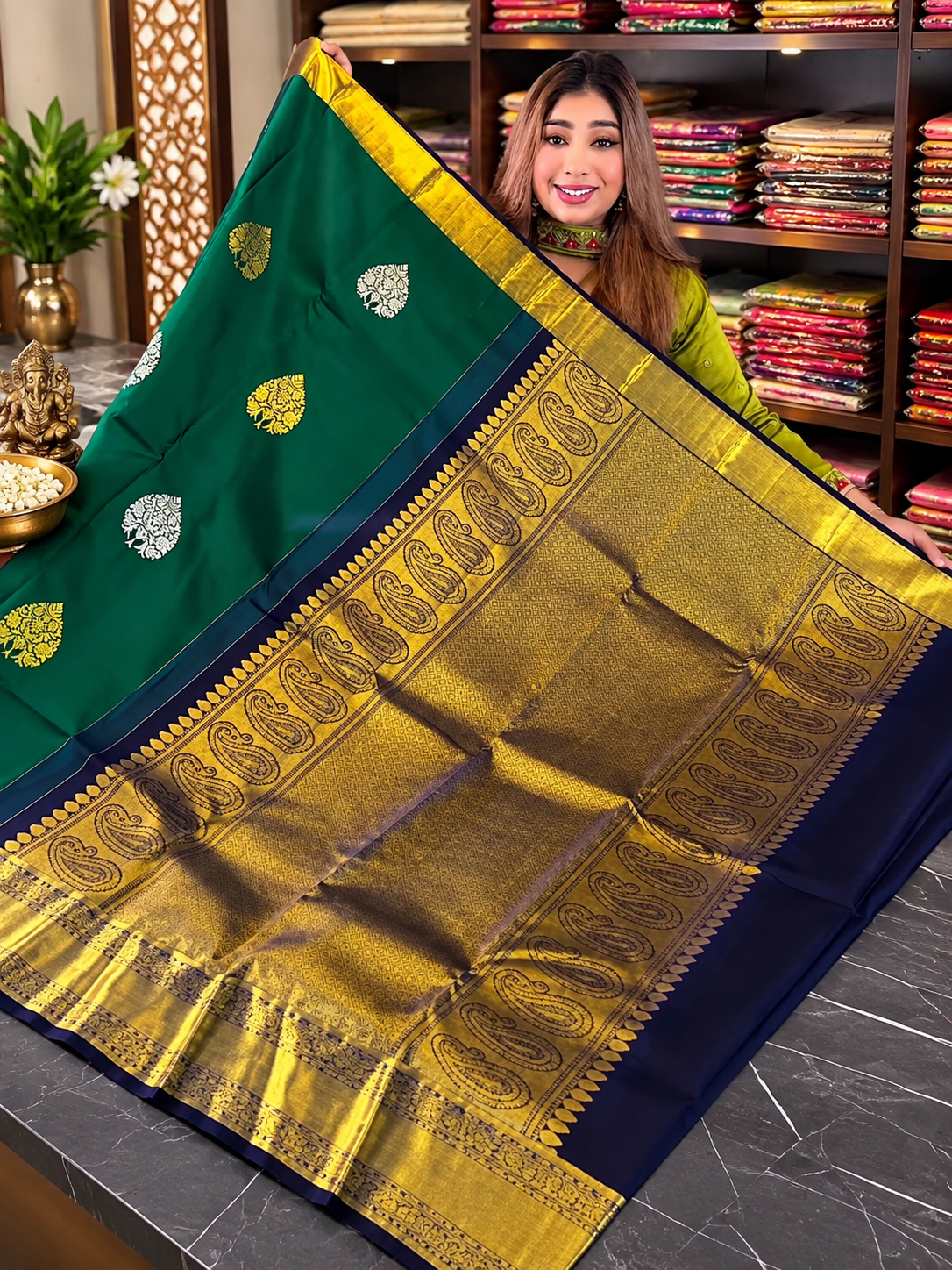 Emerald Green Soft Banarasi Silk Saree With Ineffable Blouse Piece