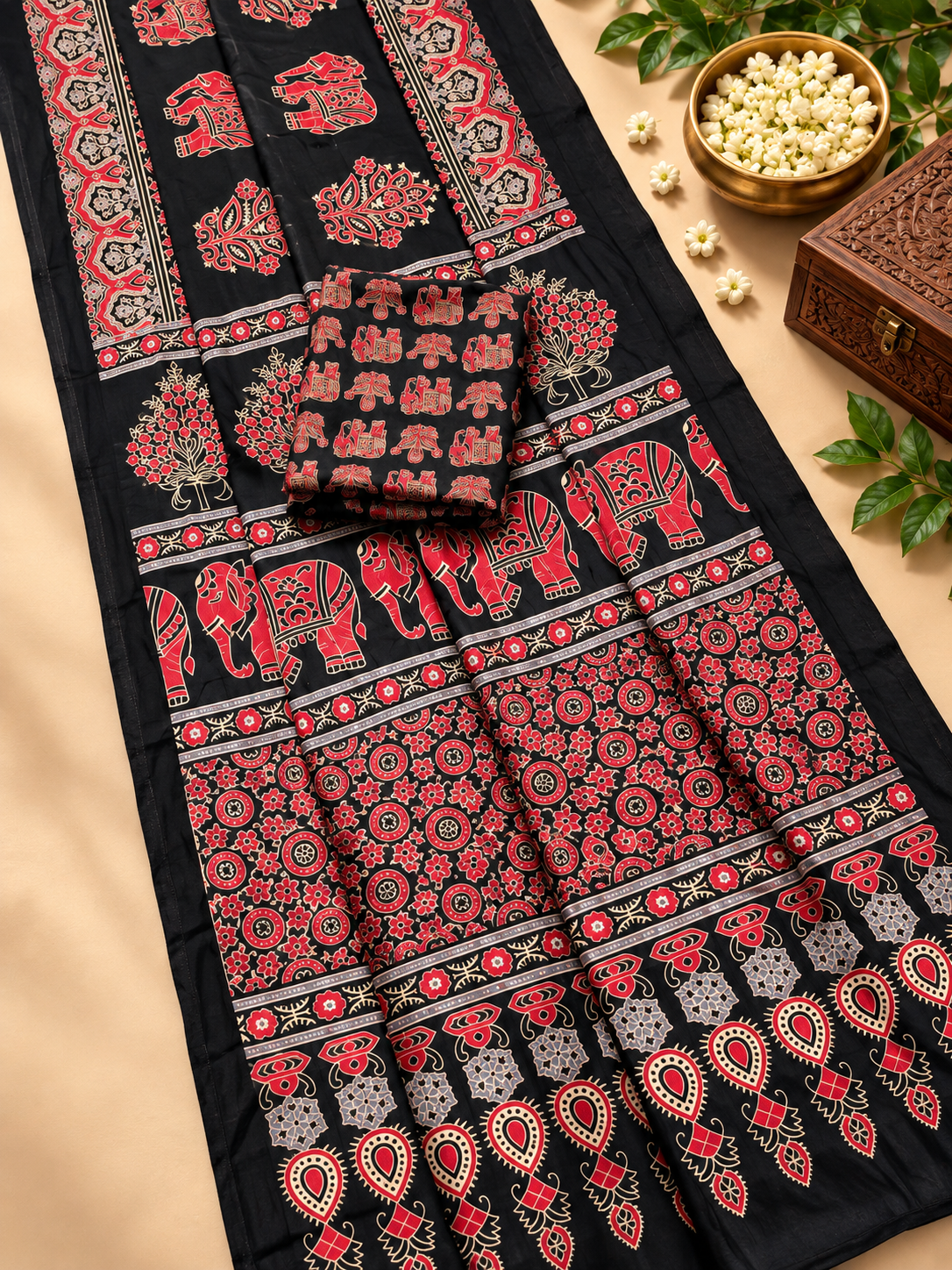 Adorning Black Gajji Silk Saree with Traditional Ajrakh Print