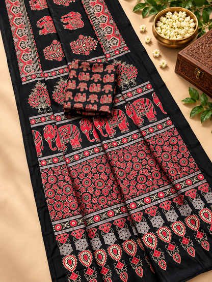 Adorning Black Gajji Silk Saree with Traditional Ajrakh Print