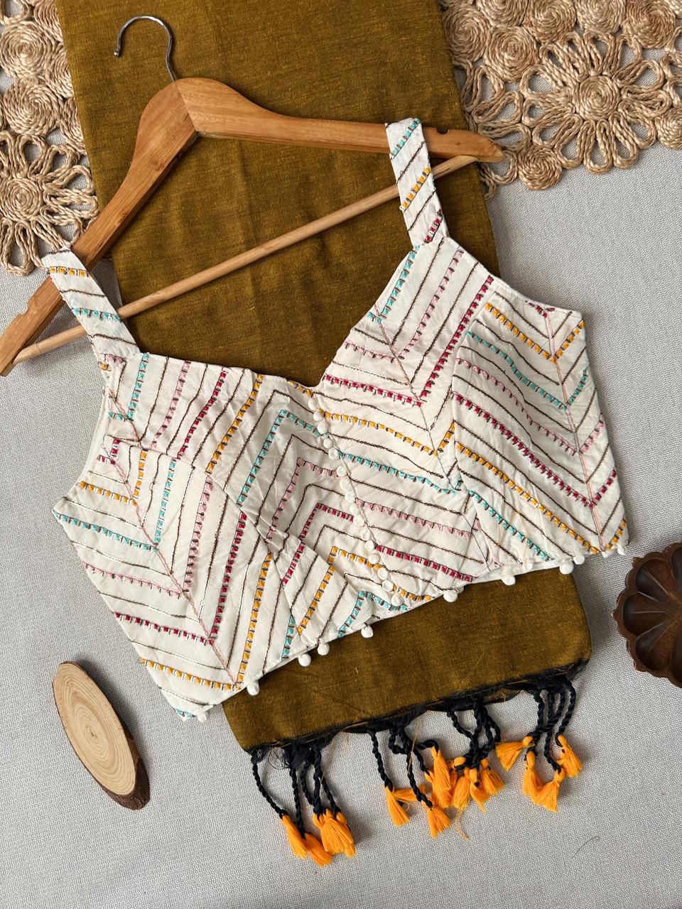 Dharma Exclusive - Mustered Handloom Cotton Saree With Havy Embroidery Stitched Blouse