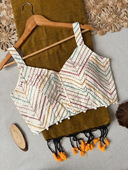 Dharma Exclusive - Mustered Handloom Cotton Saree With Havy Embroidery Stitched Blouse