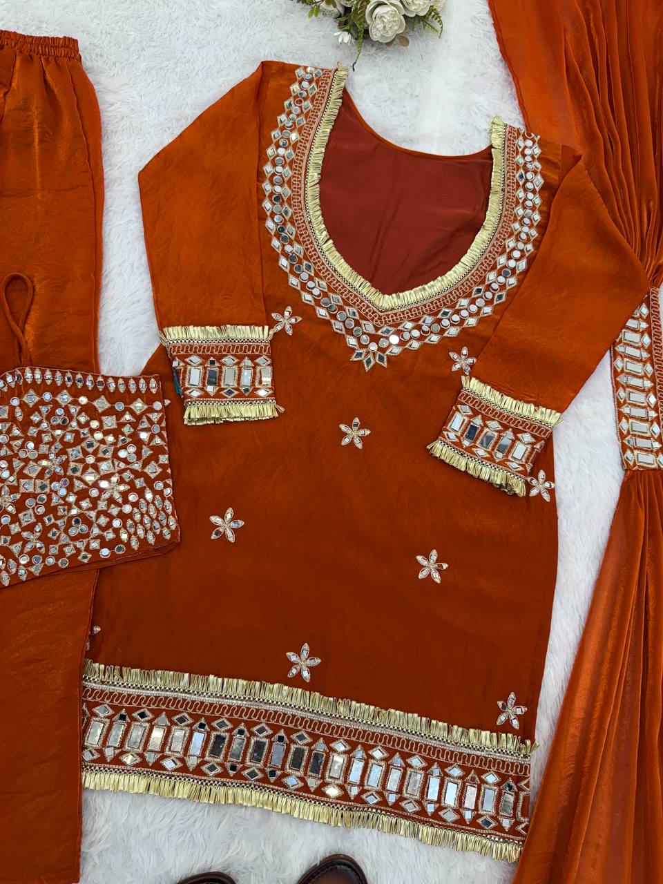 Rust Orange Fendy Silk Mirror Work Festive Suit Set