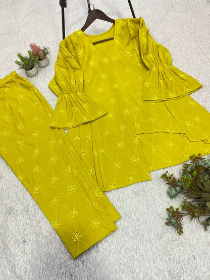 New Designer Lime Green Embroidered Cotton Co-ord Set