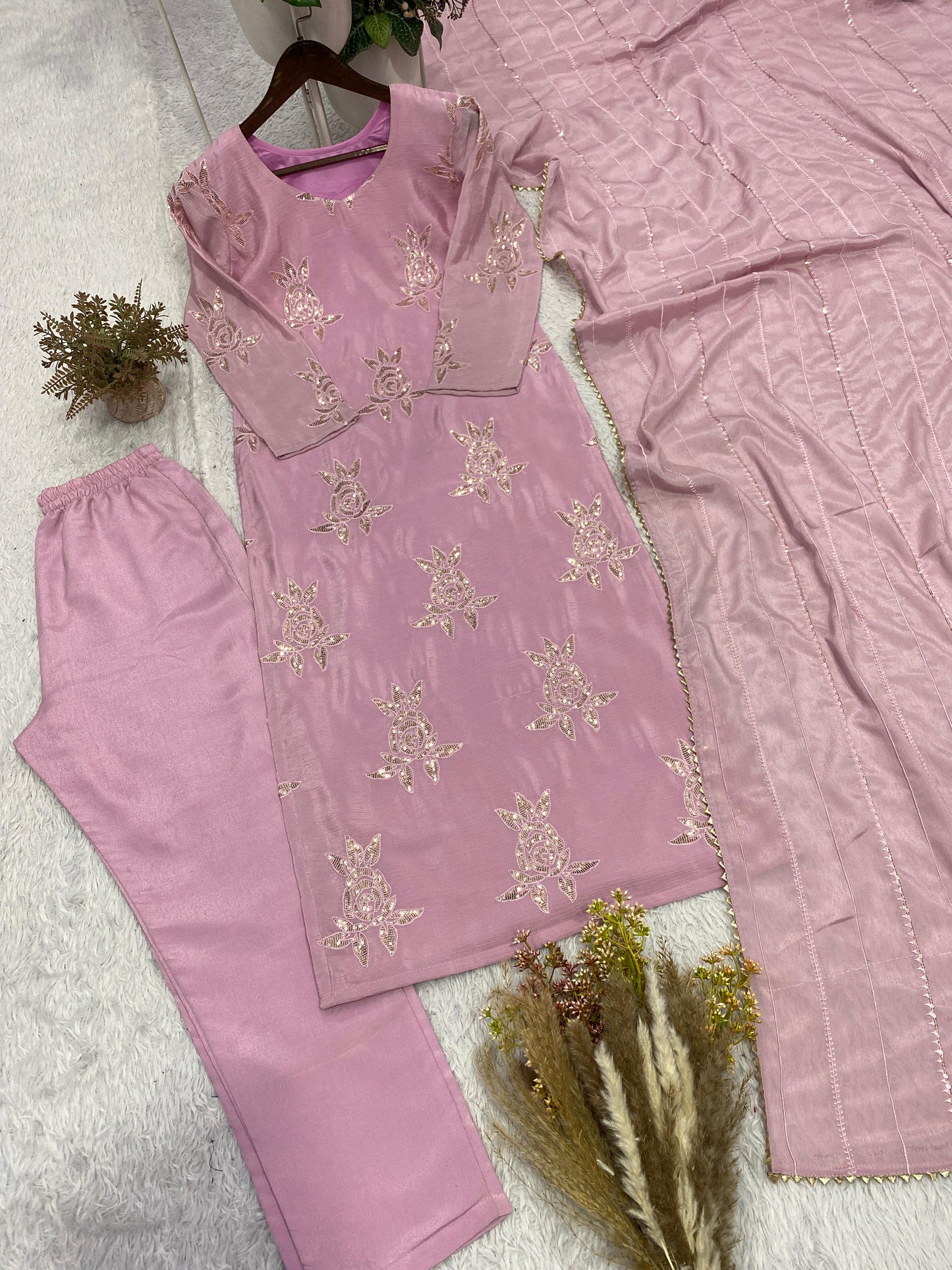 Elegant Pink Chinon 3-Piece Festive Salwar Suit Set with Sequin Work