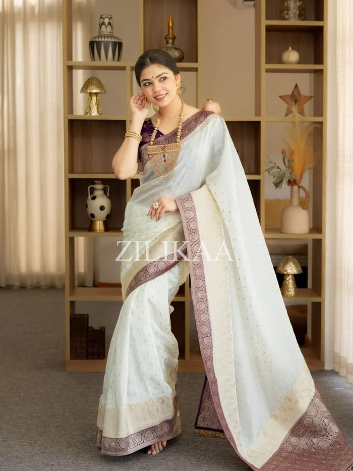 Girlish Beige Soft Silk Saree With Outstanding Blouse Piece