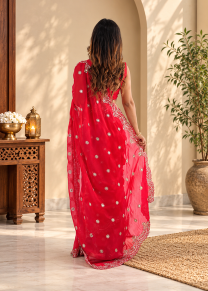Trendy Festive style Dazzling Red Designer Chiffon Saree