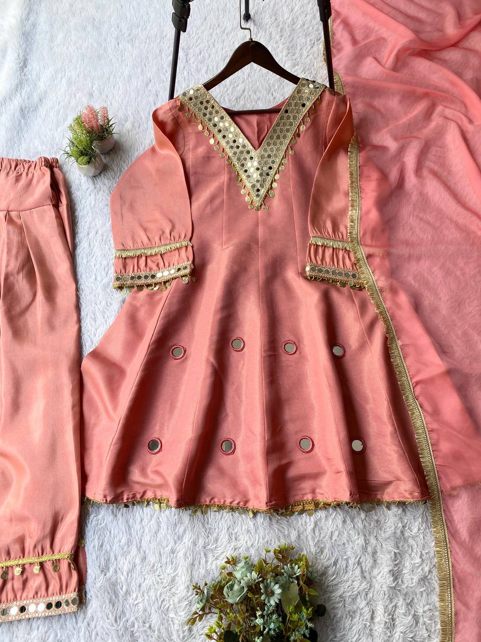 Designer Onion Pink Coss Moss Silk Mirror Work Kurta Pant Set with Dupatta