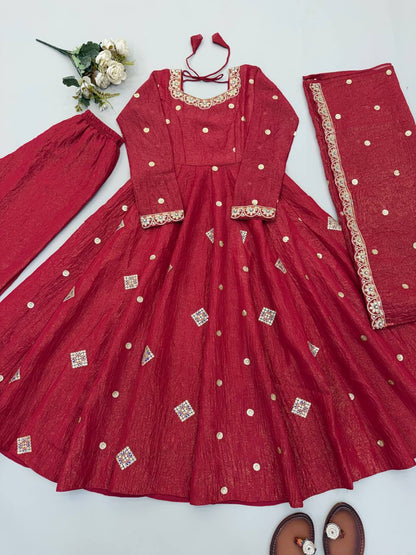 Festive Maroon Crunchy Silk Embroidered Anarkali Suit Set