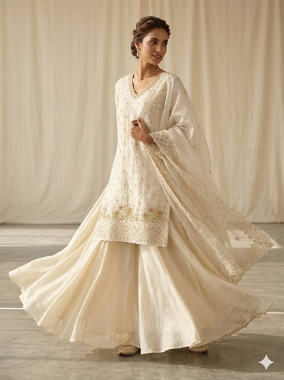 Elegant White Fendy Silk Sharara Suit Set with Sequence Embroidery Work