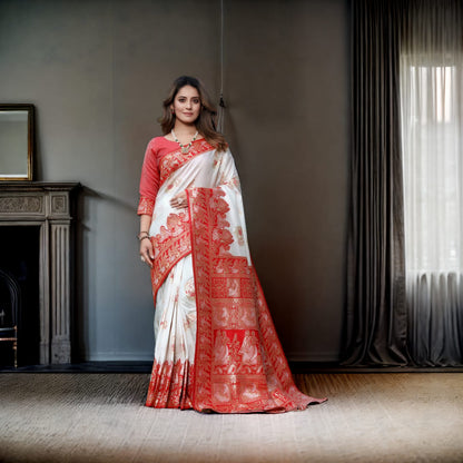 White & Red Soft Banarasi Silk Saree With Zari Weaving Work