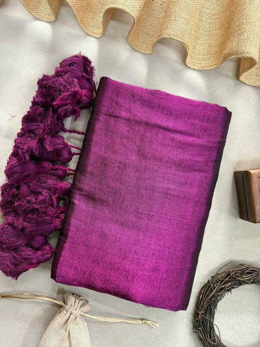 Pink Dual Tone Handloom Raga Tissue Saree With Pink Tassels