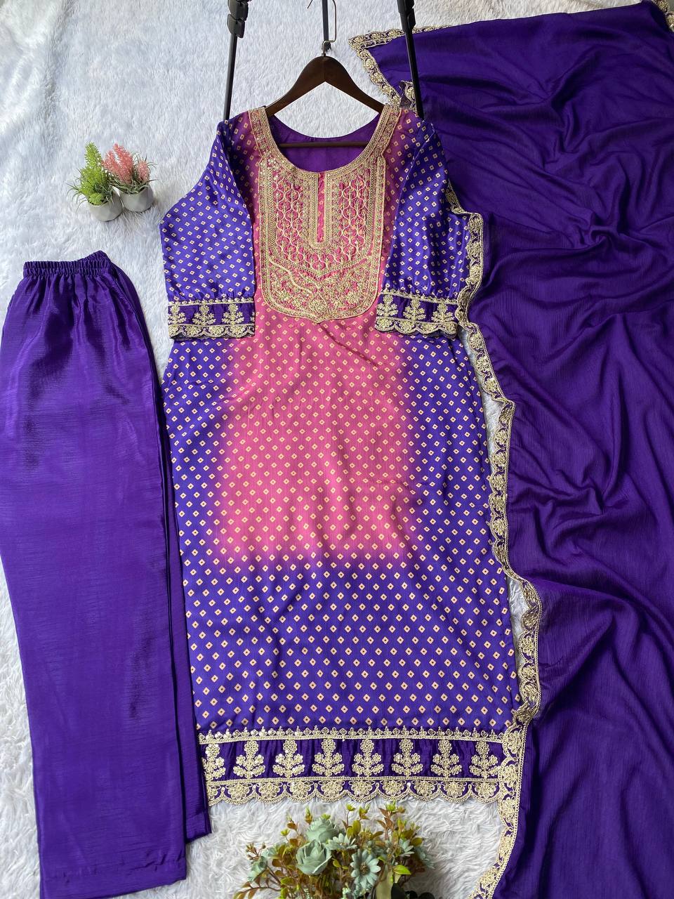 Elegant Dual-Tone Violet Magenta Chinon Silk Embroidery Suit Set