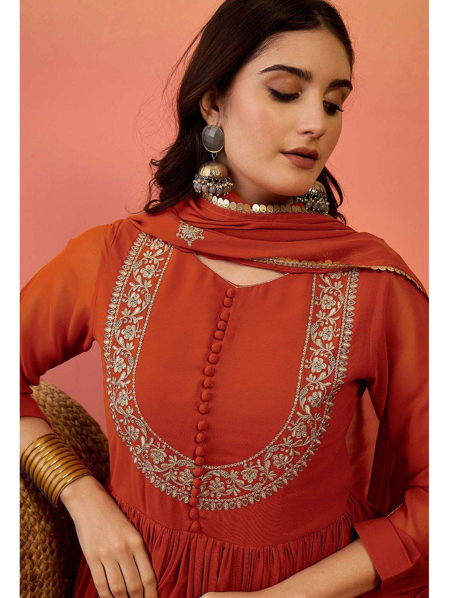 Designer Rust Orange Faux Georgette Embroidered Anarkali Suit Set with Dupatta