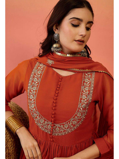 Designer Rust Orange Faux Georgette Embroidered Anarkali Suit Set with Dupatta