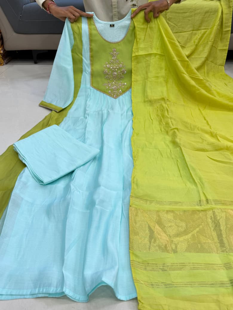Designer Premium Lime Green & Pastel Blue Pure Mul Chanderi Embroidered Suit Set