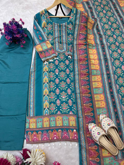 Elegant Teal Printed Chinon Suit Set with Fancy Mirror Work