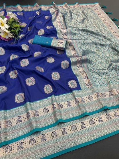 Classic Royal Blue Silk Saree with Teal Zari Border for Women