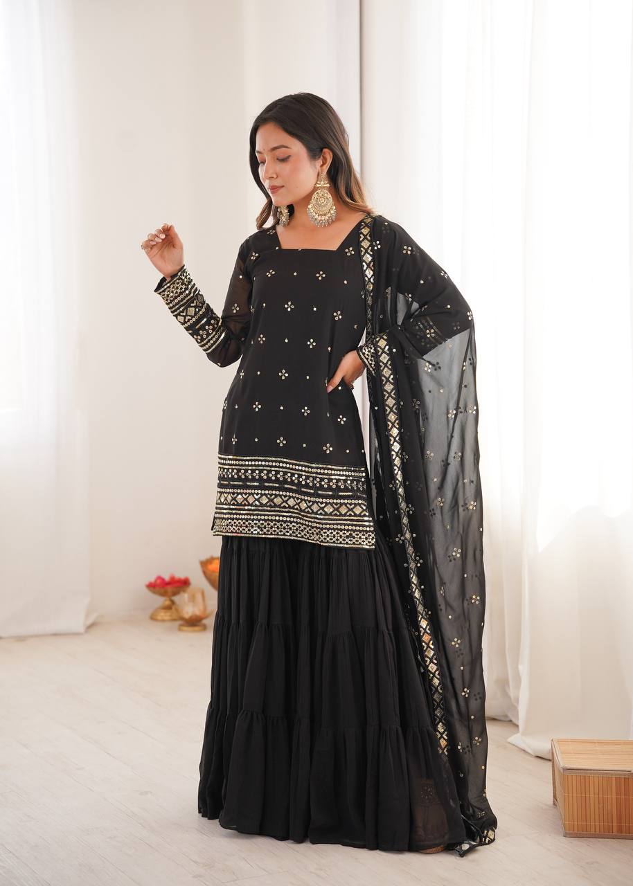Black Pure Heavy Georgette Embroidery Sharara Suit Set