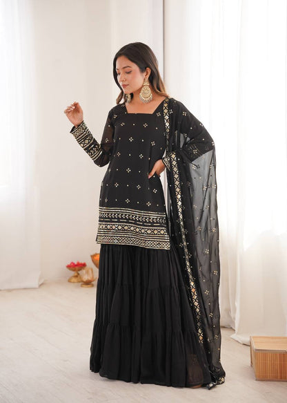 Black Pure Heavy Georgette Embroidery Sharara Suit Set