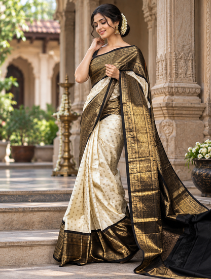 Beautiful Off-White Woven Soft Banarasi Silk Saree with Black and Gold Zari Border