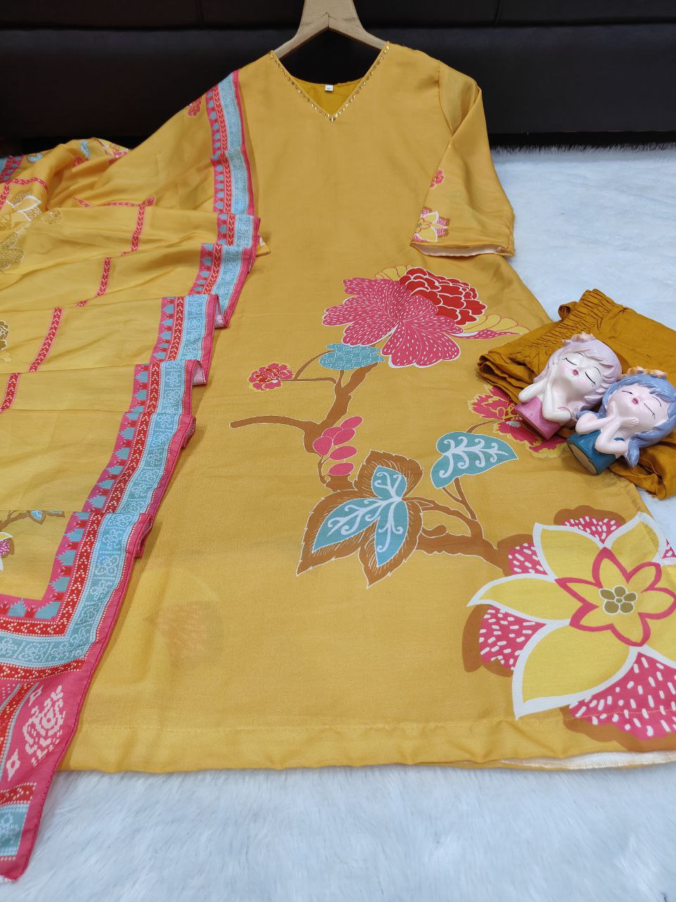 Designer Mustard Yellow Muslin Silk Suit Set with Premium Digital Floral Print