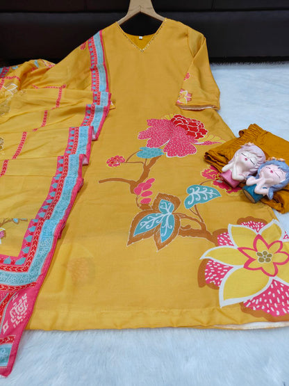 Designer Mustard Yellow Muslin Silk Suit Set with Premium Digital Floral Print
