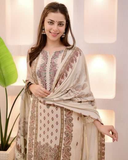 Elegant Cream Heavy Muslin Digital Printed Suit Set with Delicate Lace Work