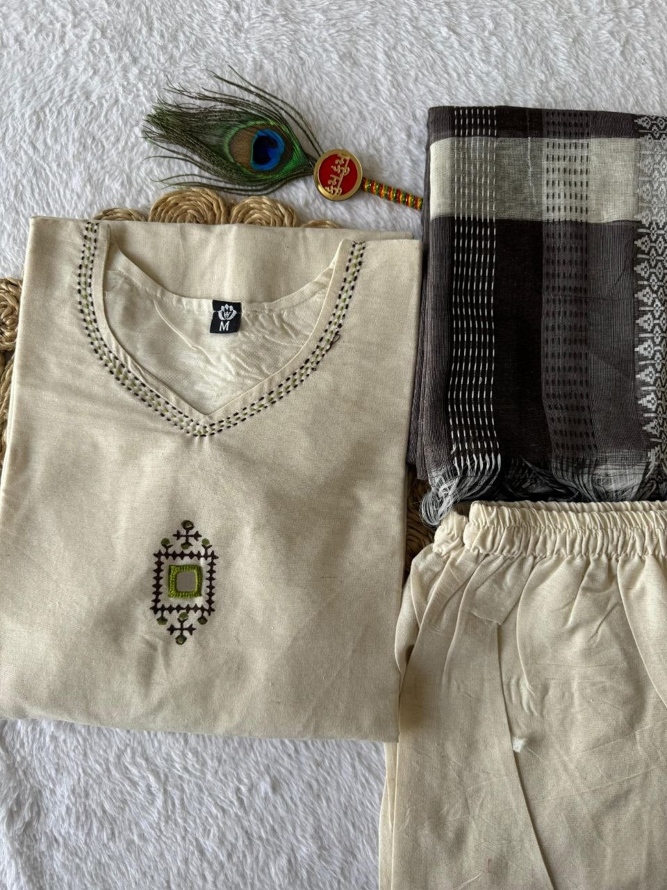 Premium Heritage Khadi Cotton Embroidery Suit Set With Real Mirror Work
