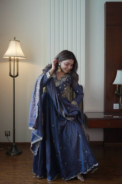 Deep Indigo Embroidered Vichitra Silk Anarkali Suit Set with Dupatta