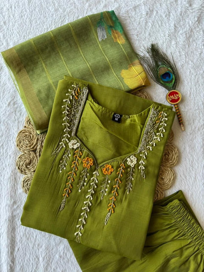 Premium Olive Green Mul Chanderi Suit Set With Beautiful Handwork