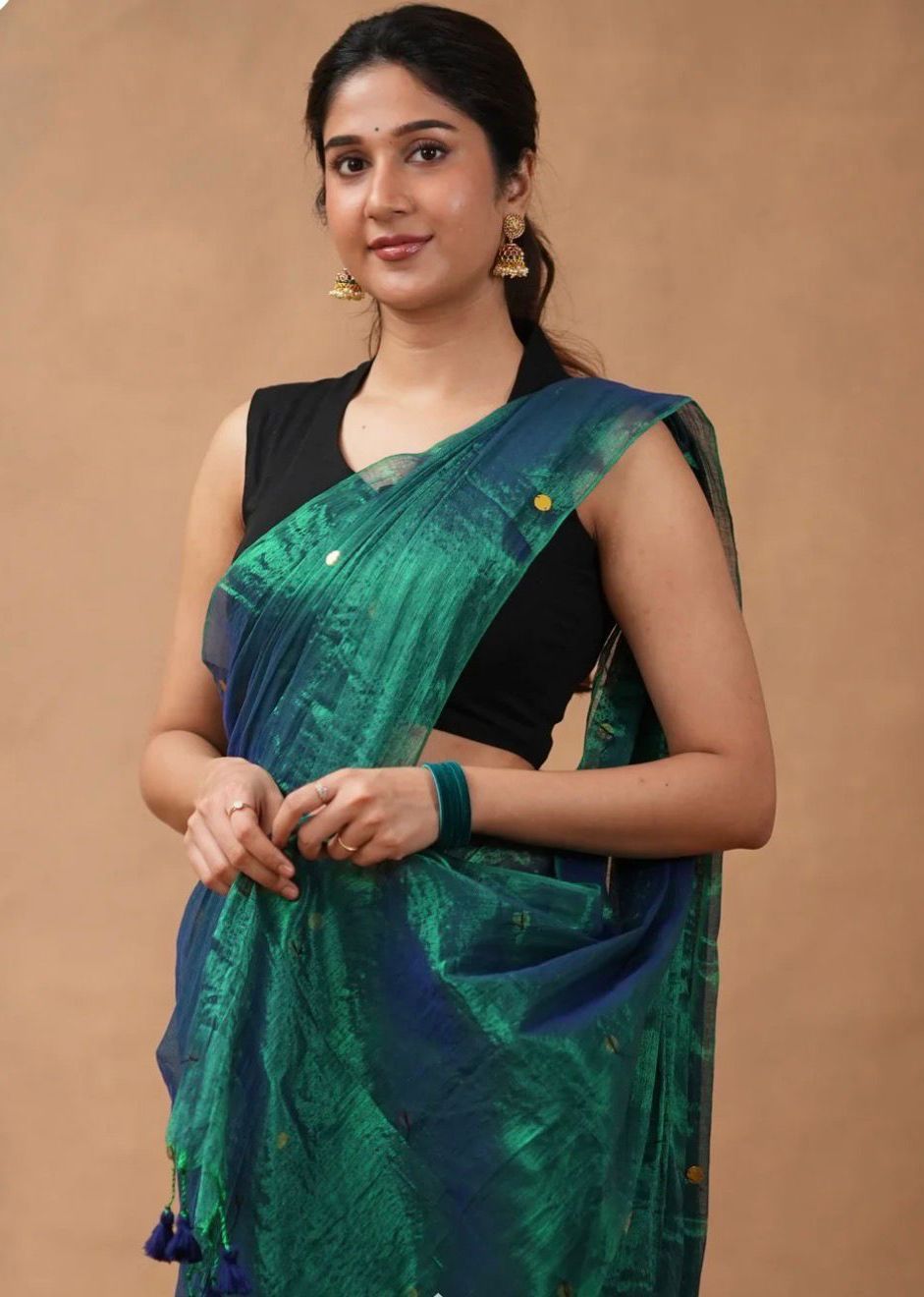 Mul Cotton Raga Tissue : Bluish Green with Tassels