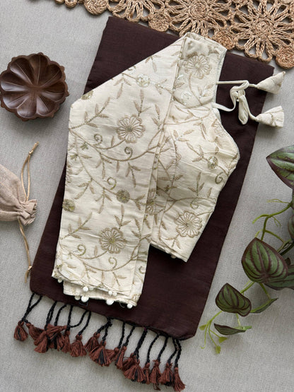 Magic- Brown Handloom Cotton Saree With Havy Embroidery Work Stitched Blouse