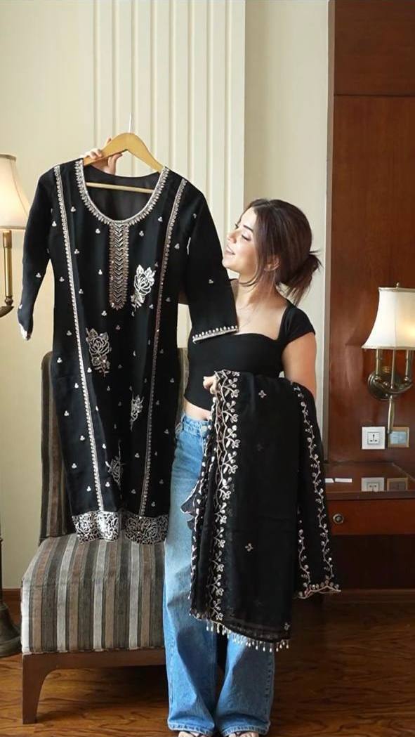 Premium Black Fox Georgette Sharara Suit with Sequins Embroidery Work
