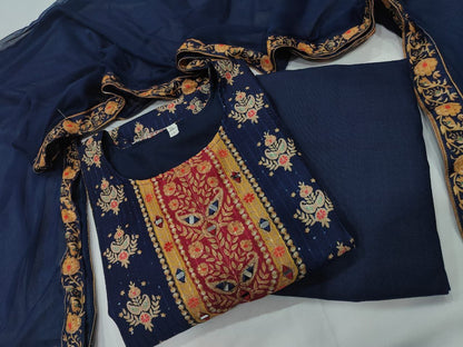 Royal Navy Blue Printed Muslin Suit Set with Embroidered Mustard Yoke